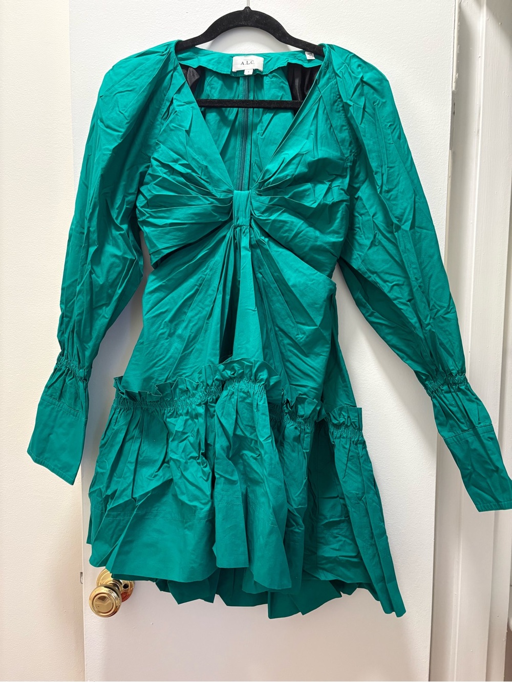 A.L.C. Teal Green Bow-Front Ruffled Mini Dress